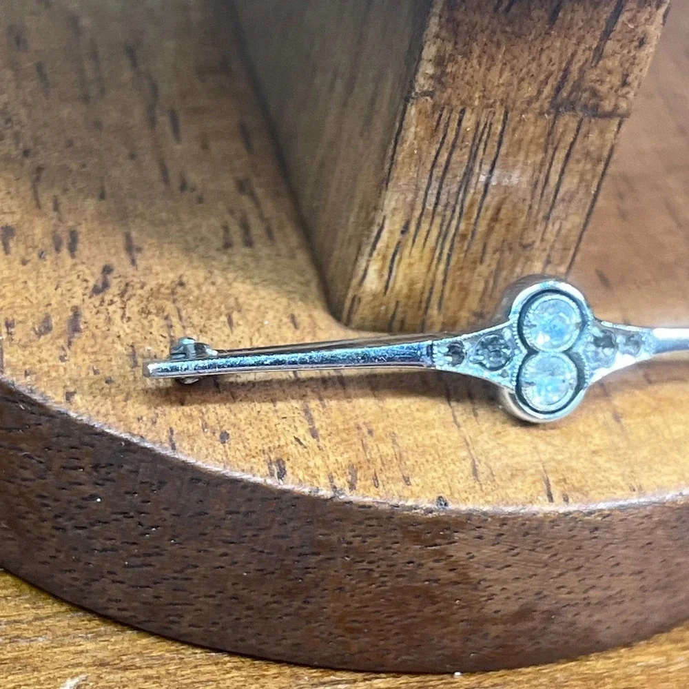 Vtg Art Deco Silver Tone Crystal Bar Pin Brooch Geometric Mid Century Lapel Pin